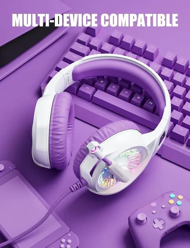 Alt view image 3 of 7 - Purple Gaming Headset with Microphone, Compatible with PS4 PS5 Xbox One PC Laptop, Over-Ear Headphones with LED RGB Light, Noise Canceling Mic, Stereo Surround Sound (Purple)