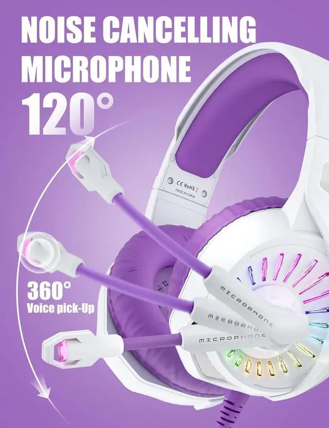 Alt view image 4 of 7 - Purple Gaming Headset with Microphone, Compatible with PS4 PS5 Xbox One PC Laptop, Over-Ear Headphones with LED RGB Light, Noise Canceling Mic, Stereo Surround Sound (Purple)
