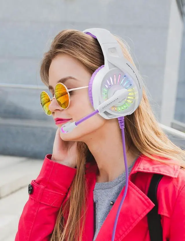 Alt view image 7 of 7 - Purple Gaming Headset with Microphone, Compatible with PS4 PS5 Xbox One PC Laptop, Over-Ear Headphones with LED RGB Light, Noise Canceling Mic, Stereo Surround Sound (Purple)