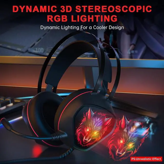 Alt view image 5 of 7 - Gaming Headset for Xbox Series X/S, Xbox One, PS5, PS4, PC with 7.1 Surround Sound, Wired Gaming Headphone with Noise Cancelling Mic, Dynamic RGB Light for Xbox Controller, Switch (BlackRed)