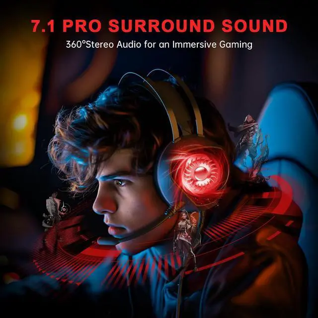 Alt view image 6 of 7 - Gaming Headset for Xbox Series X/S, Xbox One, PS5, PS4, PC with 7.1 Surround Sound, Wired Gaming Headphone with Noise Cancelling Mic, Dynamic RGB Light for Xbox Controller, Switch (BlackRed)