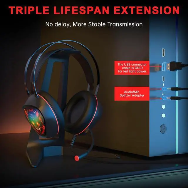 Alt view image 7 of 7 - Gaming Headset for Xbox Series X/S, Xbox One, PS5, PS4, PC with 7.1 Surround Sound, Wired Gaming Headphone with Noise Cancelling Mic, Dynamic RGB Light for Xbox Controller, Switch (BlackRed)