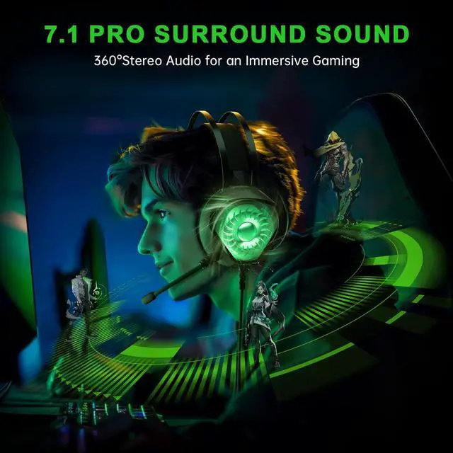Alt view image 6 of 7 - Gaming Headset for Xbox Series X/S, Xbox One, PS5, PS4, PC with 7.1 Surround Sound, Wired Gaming Headphone with Noise Cancelling Mic, Dynamic RGB Light for Xbox Controller, Switch (Black Green)