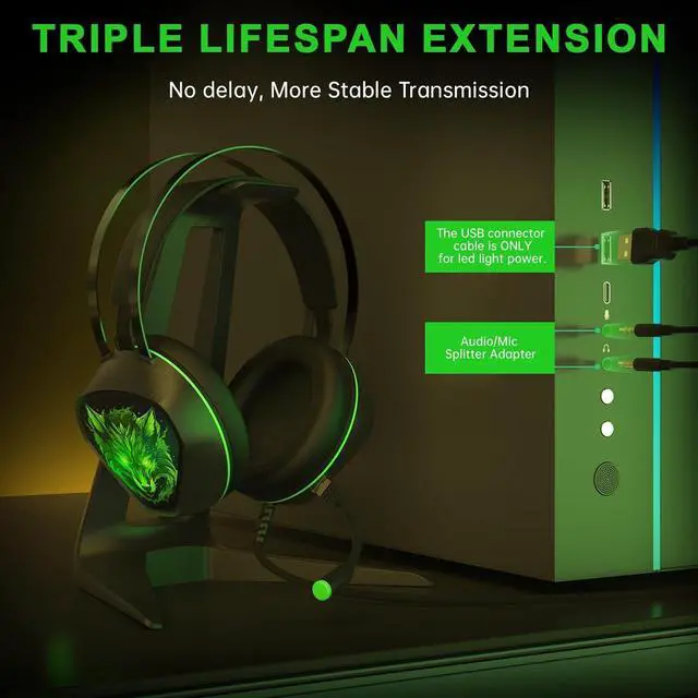 Alt view image 7 of 7 - Gaming Headset for Xbox Series X/S, Xbox One, PS5, PS4, PC with 7.1 Surround Sound, Wired Gaming Headphone with Noise Cancelling Mic, Dynamic RGB Light for Xbox Controller, Switch (Black Green)