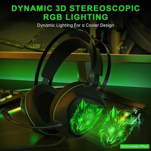 Alt view image 5 of 7 - Gaming Headset for Xbox Series X/S, Xbox One, PS5, PS4, PC with 7.1 Surround Sound, Wired Gaming Headphone with Noise Cancelling Mic, Dynamic RGB Light for Xbox Controller, Switch (Black Green)