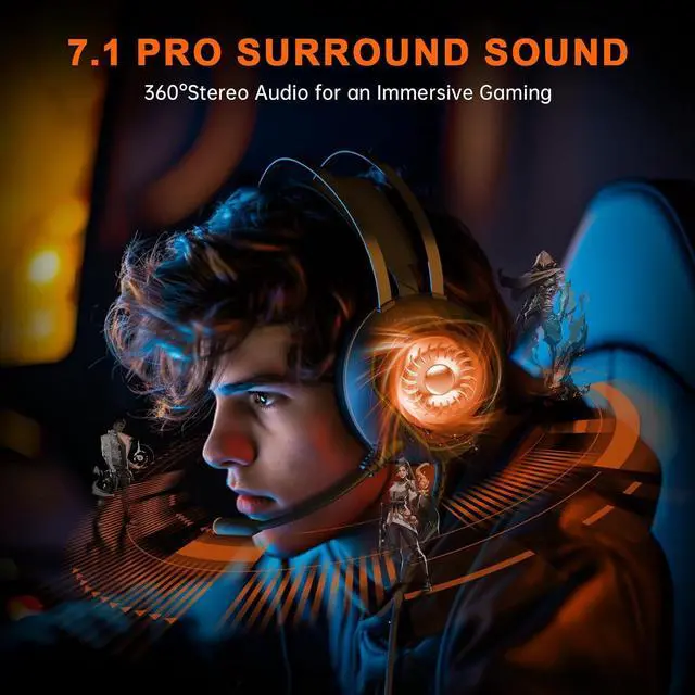 Alt view image 7 of 7 - Gaming Headset for Xbox Series X/S, Xbox One, PS5, PS4, PC with 7.1 Surround Sound, Wired Gaming Headphone with Noise Cancelling Mic, Dynamic RGB Light for Xbox Controller, Switch (Black Orange)