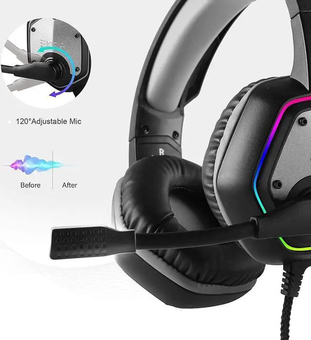 Alt view image 4 of 6 - E1000 USB Gaming Headset for PC, Computer Headphones with Microphone/Mic Noise Cancelling, 7.1 Surround Sound, RGB Light - Wired Headphones for PS4, PS5 Console, Laptop, Call Center