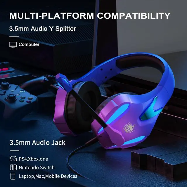 Alt view image 2 of 7 - PS4 Gaming Headset for PC, PS5, Xbox Headset with 7.1 Stereo Sound, Over Ear Gaming Headphones for Switch, Mobile PS4 with Noise Cancelling Mic, LED Light (Violet)