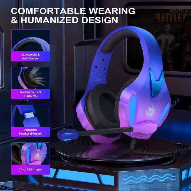 Alt view image 4 of 7 - PS4 Gaming Headset for PC, PS5, Xbox Headset with 7.1 Stereo Sound, Over Ear Gaming Headphones for Switch, Mobile PS4 with Noise Cancelling Mic, LED Light (Violet)