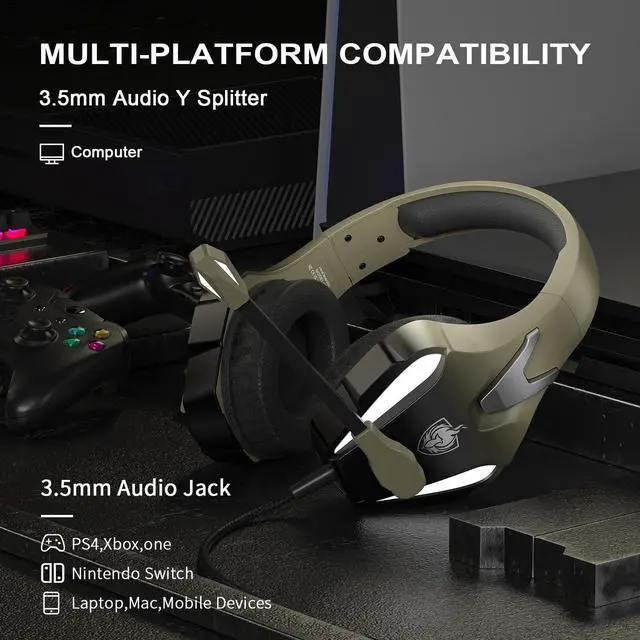 Alt view image 2 of 6 - PS4 Gaming Headset for PC, PS5, Xbox Headset with 7.1 Stereo Sound, Over Ear Gaming Headphones for Switch, Mobile PS4 with Noise Cancelling Mic, LED Light (Gold)
