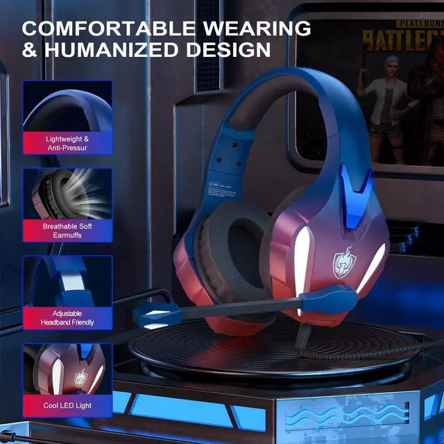 Alt view image 5 of 6 - PS4 Gaming Headset for PC, PS5, Xbox Headset with 7.1 Stereo Sound, Over Ear Gaming Headphones for Switch, Mobile PS4 with Noise Cancelling Mic, LED Light (Blue)