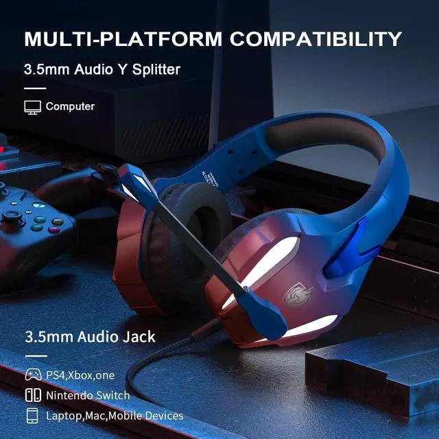 Alt view image 2 of 6 - PS4 Gaming Headset for PC, PS5, Xbox Headset with 7.1 Stereo Sound, Over Ear Gaming Headphones for Switch, Mobile PS4 with Noise Cancelling Mic, LED Light (Blue)