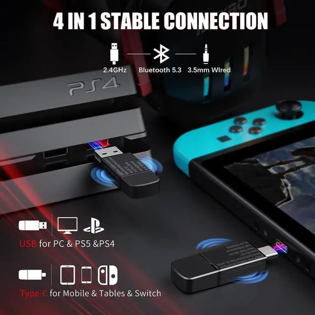 Alt view image 4 of 7 - Wireless Gaming Headset 2.4GHz USB & Type-C Gaming Headphones for PC, PS4, PS5, Switch, Bluetooth 5.3 Gaming Headset with Detachable Noise Cancelling Microphone