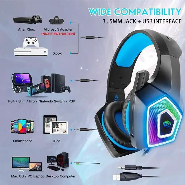 Alt view image 4 of 7 - Gaming Headset with Mic for Xbox One PS4 PS5 PC Switch Tablet, with Stereo Surround Sound & LED Light Noise Cancelling Over Ear Headphones