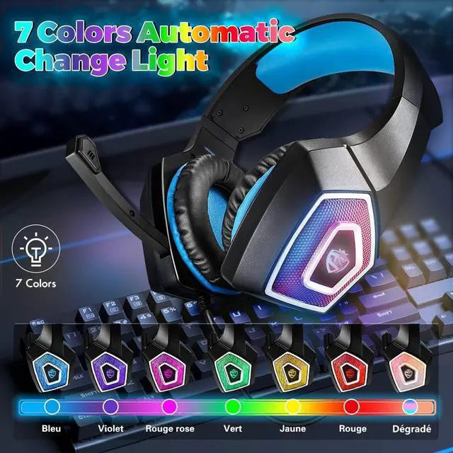 Alt view image 2 of 7 - Gaming Headset with Mic for Xbox One PS4 PS5 PC Switch Tablet, with Stereo Surround Sound & LED Light Noise Cancelling Over Ear Headphones