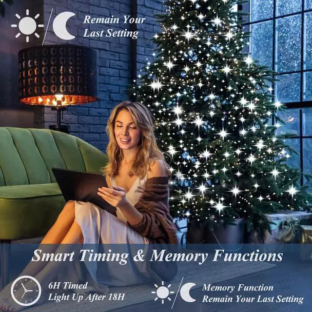 Alt view image 3 of 7 - Christmas Tree Lights String, 200LED Christmas Lights for Tree with 8 Light Modes & Memory Function, 5FT x 10 String Lights with Timing & Remote Control for Christmas Holiday Decorations - Cold White