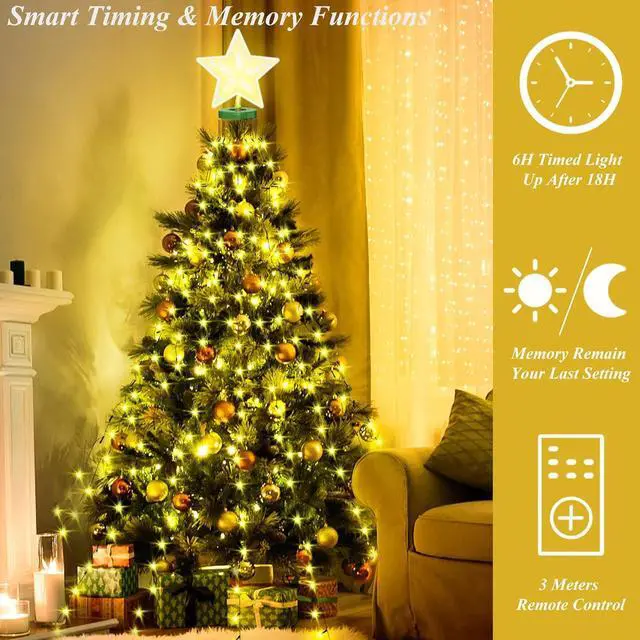 Alt view image 2 of 7 - Christmas Tree Lights with Star Toppers,  410 LED Christmas Lights with 8 Modes & Memory Function, 6.6FT x 16 String Lights with Remote Control & Timing for Christmas Ornaments - Warm White