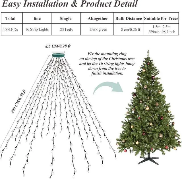 Alt view image 7 of 7 - 400 LED Christmas Tree Lights, Christmas Lights with 8 Light Modes & Memory Function, 6.6FT x 16 String Lights with Timing Function & Remote Control for Christmas Ornaments - Multicolor