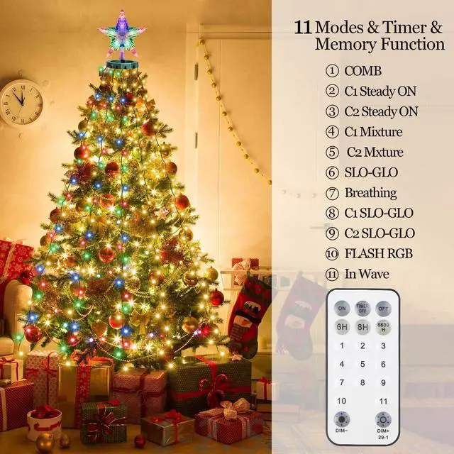 Alt view image 6 of 7 - Christmas Tree Lights with Star Topper, 400LED Christmas String Lights with Ring for Tree, 6.6FT x 16 Lines Fairy Lights with 11 Modes for Indoor Outdoor Xmas Tree Decor, Warm White & Multi-Colored