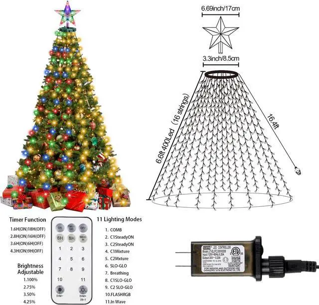Alt view image 2 of 7 - Christmas Tree Lights with Star Topper, 400LED Christmas String Lights with Ring for Tree, 6.6FT x 16 Lines Fairy Lights with 11 Modes for Indoor Outdoor Xmas Tree Decor, Warm White & Multi-Colored