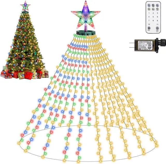 Main image of Christmas Tree Lights with Star Topper, 400LED Christmas String Lights with Ring for Tree, 6.6FT x 16 Lines Fairy Lights with 11 Modes for Indoor Outdoor Xmas Tree Decor, Warm White & Multi-Colored