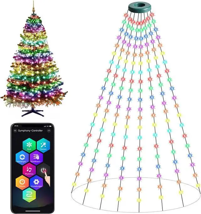Main image of Christmas Tree String Lights with Ring Smart APP Control, 160 LED Music Sync Color Changing Indoor Decorations Waterfall Lights, IP65 Waterproof 6.6ft 8 Lines with Remote for Wedding Party Home