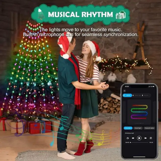 Alt view image 3 of 7 - Christmas Tree String Lights with Ring Smart APP Control, 160 LED Music Sync Color Changing Indoor Decorations Waterfall Lights, IP65 Waterproof 6.6ft 8 Lines with Remote for Wedding Party Home