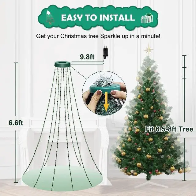 Alt view image 2 of 7 - Christmas Tree String Lights with Ring Smart APP Control, 160 LED Music Sync Color Changing Indoor Decorations Waterfall Lights, IP65 Waterproof 6.6ft 8 Lines with Remote for Wedding Party Home