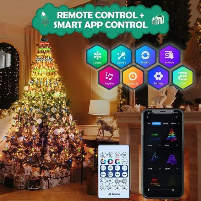 Alt view image 4 of 7 - Christmas Tree String Lights with Ring Smart APP Control, 160 LED Music Sync Color Changing Indoor Decorations Waterfall Lights, IP65 Waterproof 6.6ft 8 Lines with Remote for Wedding Party Home