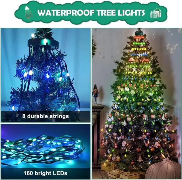 Alt view image 6 of 7 - Christmas Tree String Lights with Ring Smart APP Control, 160 LED Music Sync Color Changing Indoor Decorations Waterfall Lights, IP65 Waterproof 6.6ft 8 Lines with Remote for Wedding Party Home
