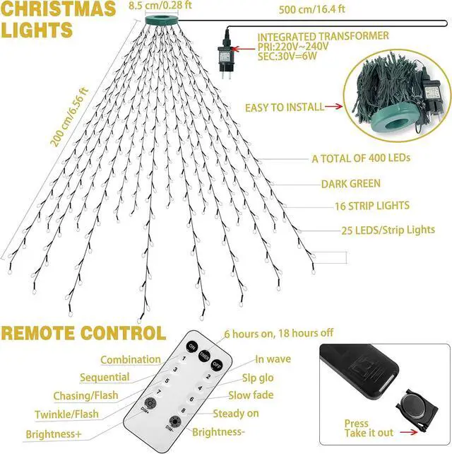 Alt view image 4 of 7 - Christmas Tree Lights with Ring 16 Strings 400 LEDs, Xmas String Lights with Timer 6.6FT Easy to Install, Christmas Curtain Fairy Tree Light 8 Mode for Xmas Fir Pine Party Decoration Warm White