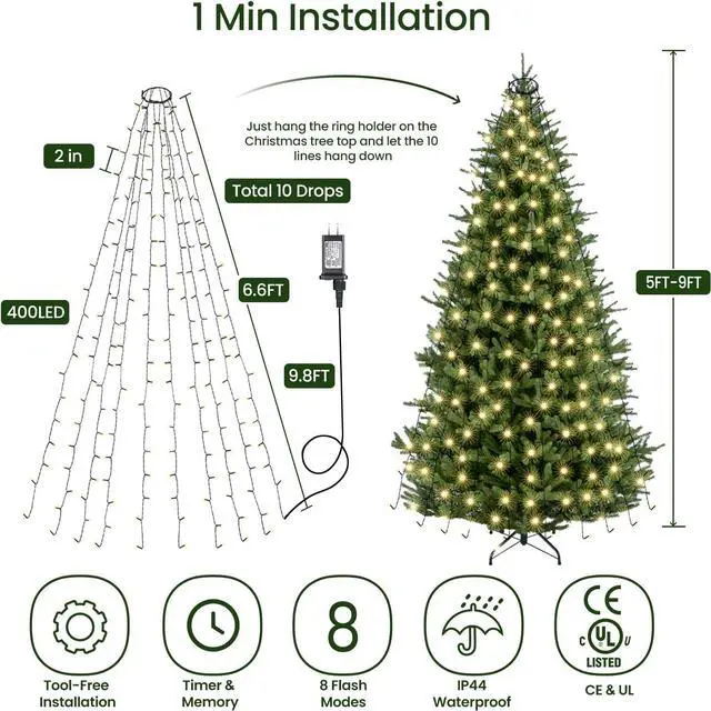 Alt view image 2 of 7 - Christmas Tree Lights Warm White, 8 Modes Christmas Lights for Tree with Timer & Memory Function, 400 Diamond LED 6.6FTx10 Waterproof Xmas Tree Lights with Ring for Indoor Outdoor