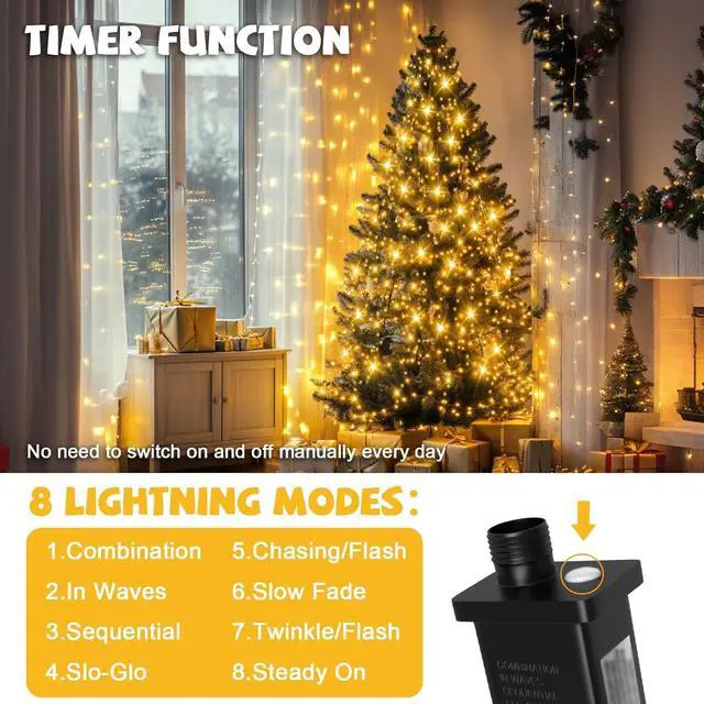 Alt view image 3 of 6 - 400 LED Christmas Tree Lights 8 Modes Christmas String Lights for Tree with Timer 6.6FT x 16 Lines Lights String Waterproof Christmas Decorations Outdoor/Indoor with Memory Function, Warm White