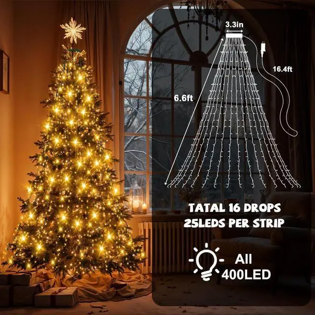 Alt view image 6 of 6 - 400 LED Christmas Tree Lights 8 Modes Christmas String Lights for Tree with Timer 6.6FT x 16 Lines Lights String Waterproof Christmas Decorations Outdoor/Indoor with Memory Function, Warm White