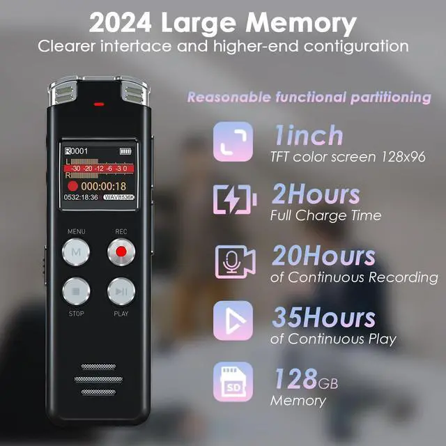 Alt view image 4 of 7 - 128GB Digital Voice Recorder with Playback: Voice Activated Recorder for Lectures Meetings Interviews -  Dictaphone Recording Device Tape Recorder Portable Mini, Audio Recorder with USB, MP3