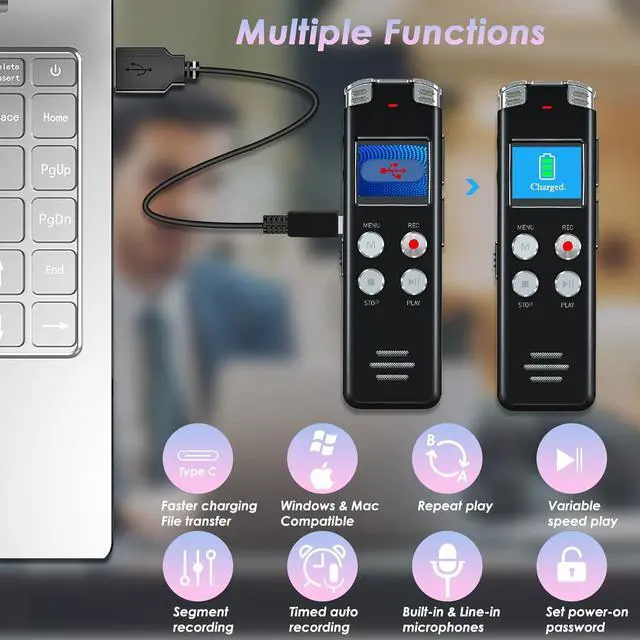Alt view image 6 of 7 - 128GB Digital Voice Recorder with Playback: Voice Activated Recorder for Lectures Meetings Interviews -  Dictaphone Recording Device Tape Recorder Portable Mini, Audio Recorder with USB, MP3