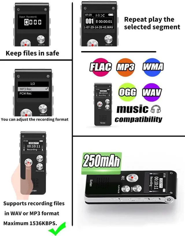Alt view image 2 of 6 - Digital Voice Recorder 16GB Voice Recorder with Playback for Lectures - USB Rechargeable Dictaphone Upgraded Small Tape Recorder Device
