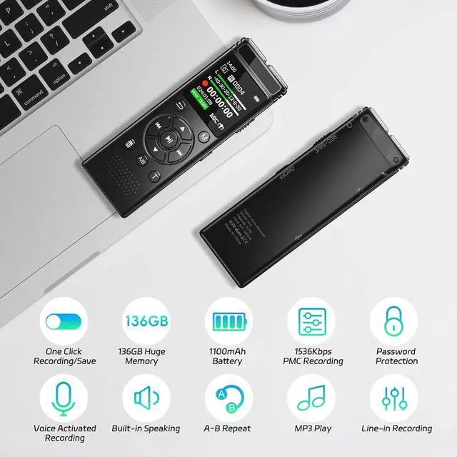 Alt view image 2 of 7 - 136GB Digital Voice Recorder One Click, Voice Recorder with Playback HD Recording Easy Control, Large Screen 7000 Hours Sound Audio Recorder Recording Tape for Lectures Meeting MP3 Player