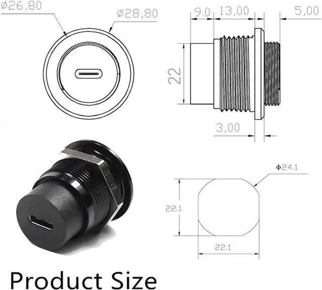 Alt view image 6 of 6 - 2PCS USB 3.1 Type C Panel Mount Coupler, Female to Female USB-C Feed Thru Converter Adapter Panel Mount DIY Jack with Dust Cover