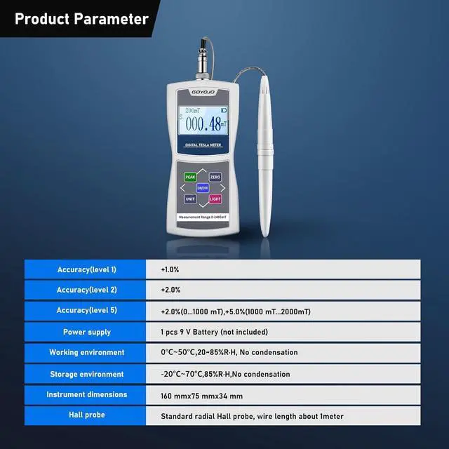 Alt view image 6 of 6 - Handheld Digital Gauss Meter 0-2400mT with Metal Probe High Accuracy Surface Magnetic Field Tester Automatic/Manual Data Recording Have N/S Function Accuracy ±2%