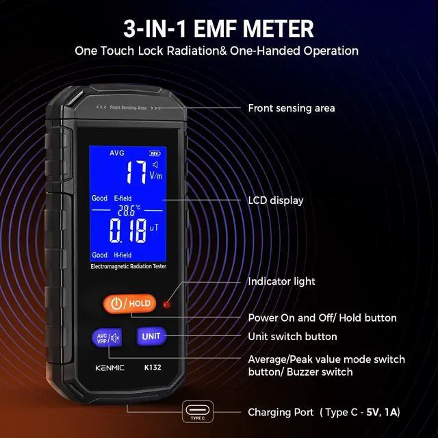 Alt view image 7 of 7 - EMF Meter - Rechargeable Handheld Electromagnetic Field Detector with Digital LCD - Ideal for Home, Office, Outdoors, and Ghost Hunting