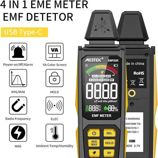 Alt view image 2 of 7 - EMF Detector,  4 in 1 EMF Meter Radiation Detector, Electric Field,Radio Frequency Field Temperature, Magnetic Field Strength Meter, Rechargeable EMF Reader Home EMF Detection and Ghost Hunting