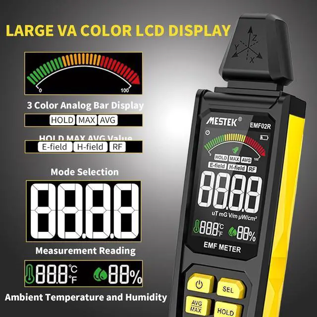 Alt view image 4 of 7 - EMF Detector,  4 in 1 EMF Meter Radiation Detector, Electric Field,Radio Frequency Field Temperature, Magnetic Field Strength Meter, Rechargeable EMF Reader Home EMF Detection and Ghost Hunting