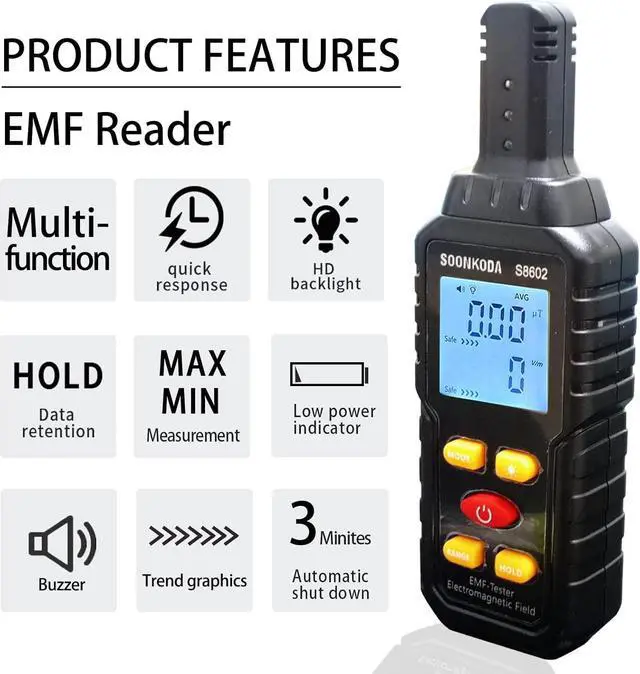 Alt view image 3 of 6 - 3 in 1 EMF Meter,EMF Reader,Electromagnetic Field Radiation Detector,EMF Tester for Home,EMF Detector with sound light alarm,Ghost Hunting Equipmetent