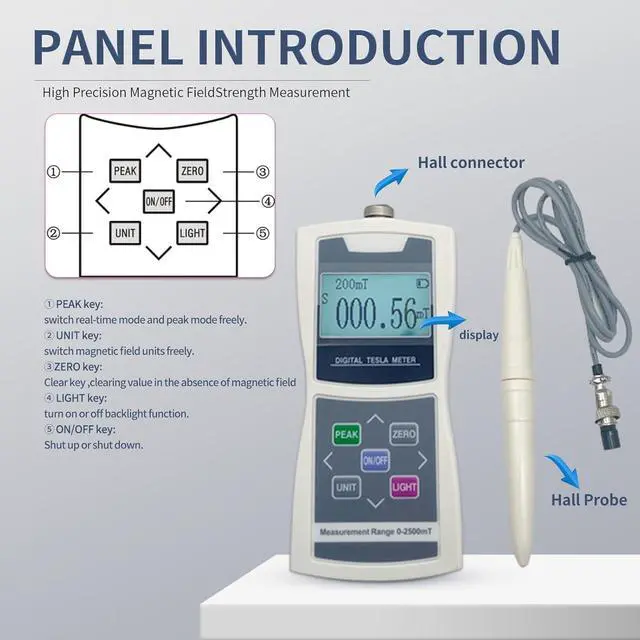 Alt view image 2 of 7 - Digital Tesla Meter Handheld Gaussmeter Surface Magnetic Field Tester 0-2500mT Accuracy ±5% with N/S Function for Measuring Surface Magnetic Field of Permanent,Mechanical Parts,Magnetic Separator