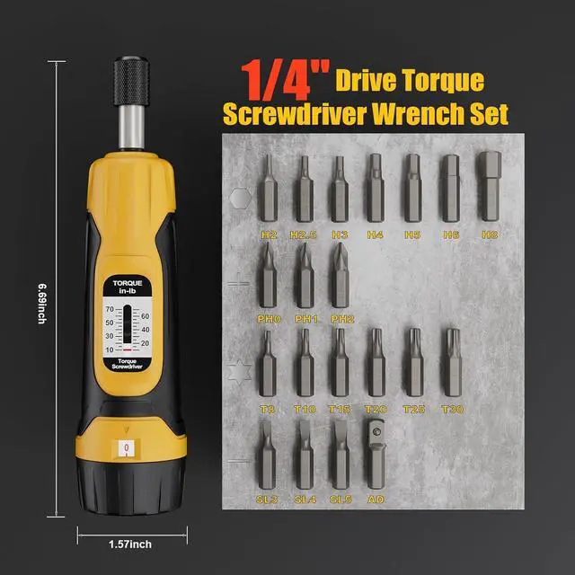 Alt view image 3 of 7 - Torque Screwdriver, 10-70 in-lbs Torque Wrench Screwdriver Set, 1/4 Drive Inch Pound Torque Screwdriver with 20 S2 Bits and Case for Tools, Bike Repairing and Mounting