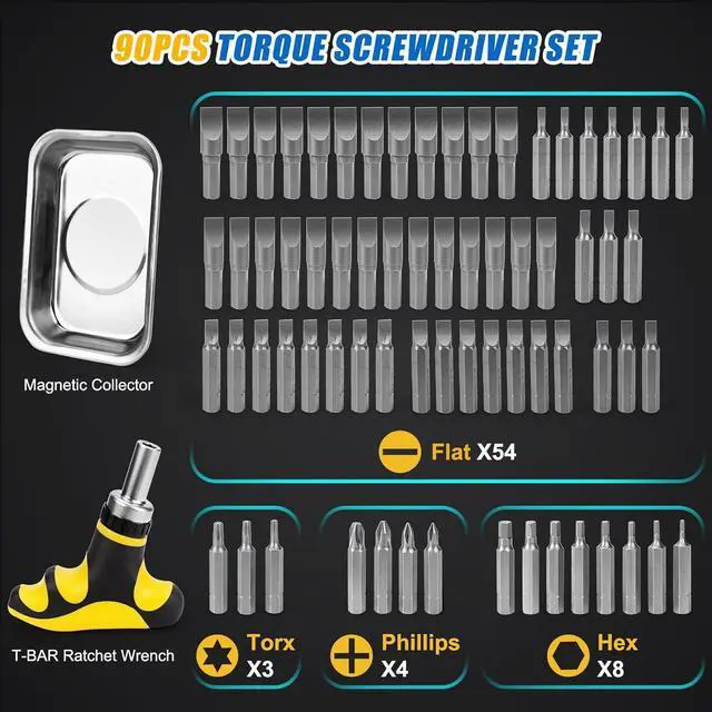 Alt view image 3 of 7 - 90Pcs Master Torque Screwdriver Set, 10-70 IN.LB, Inch Pound Torque Screw Driver with S2 Bits, Includes Flat, Hex, Torx, and Phillips Bits, T-BAR Ratchet Wrench, All in One Torque Tool Kit