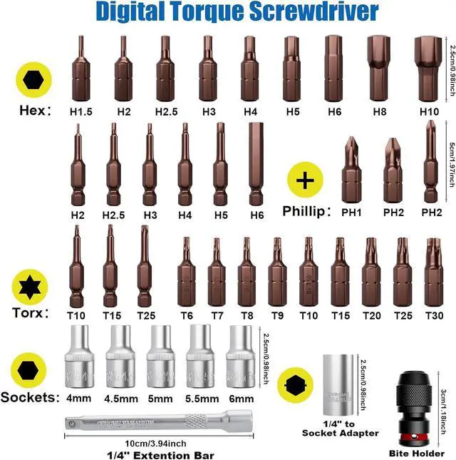 Alt view image 3 of 7 - Digital Torque Screwdriver, 1.5-88.5in-lbs./0.15-10Nm, Electronic Adjustable Screwdriver Torque Wrench Set with ±1% Accuracy, Vibration, Buzzer, LED Notification for Gunsmithing, Scope Mounting