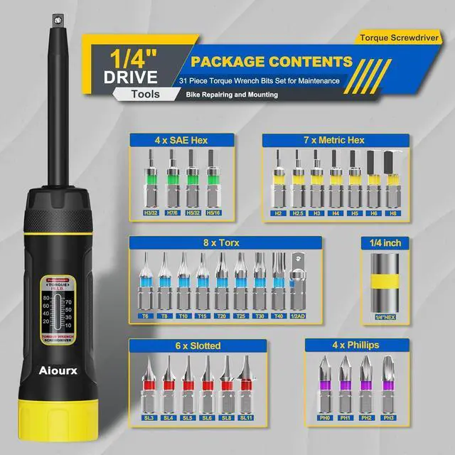 Alt view image 2 of 4 - 1/4 Inch Long Drive Torque Screwdriver Wrench Set, 10-80 in.-lb., S2 Steel, 32 Pcs for Bicycle Mechanics, Mechanical Equipment, and Scope Mounting