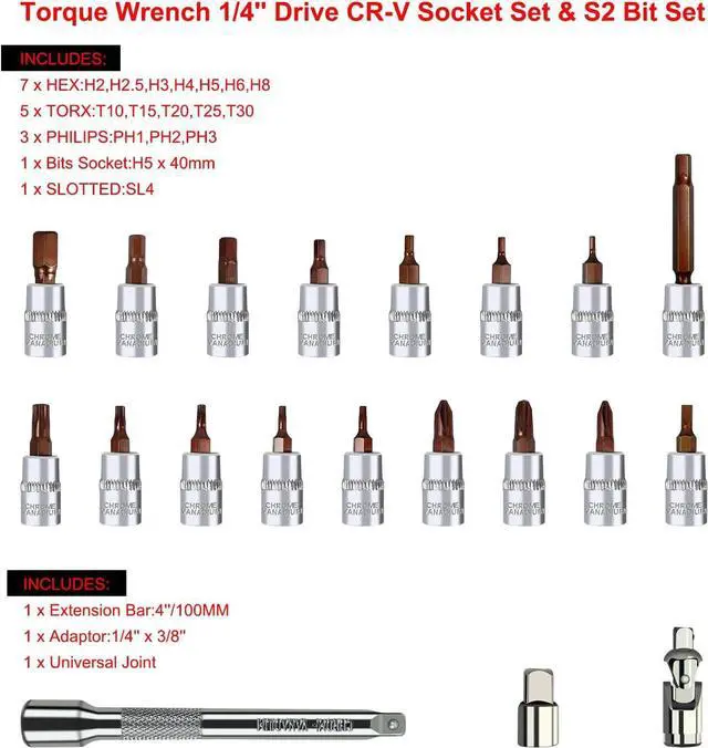 Alt view image 2 of 6 - 22PCS Bike Torque Wrench Set,1/4inch Drive Click Torque Screwdriver,17.7-194.7IN.LB/ 2-22NM,Bicycle Tool Kit With Allen Wrench,Torx Bit Set and Dual-Direction Reversible Ratcheting Wrench Set
